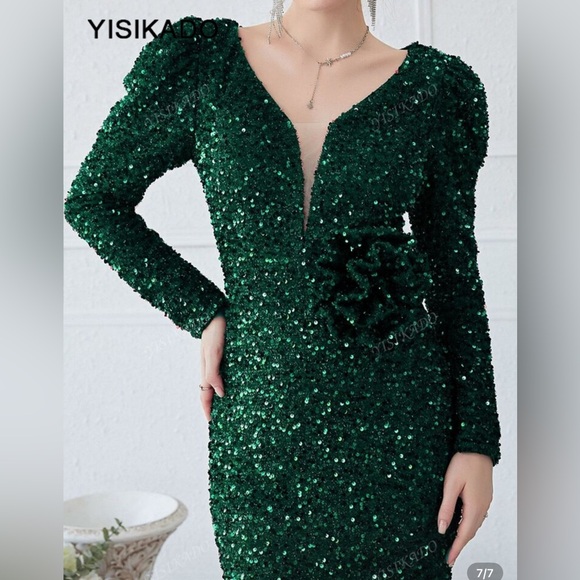 Giffniseti Sequined Emerald Green Mermaid Evening Gown Puff Sleeves Rosette S - Picture 7 of 13